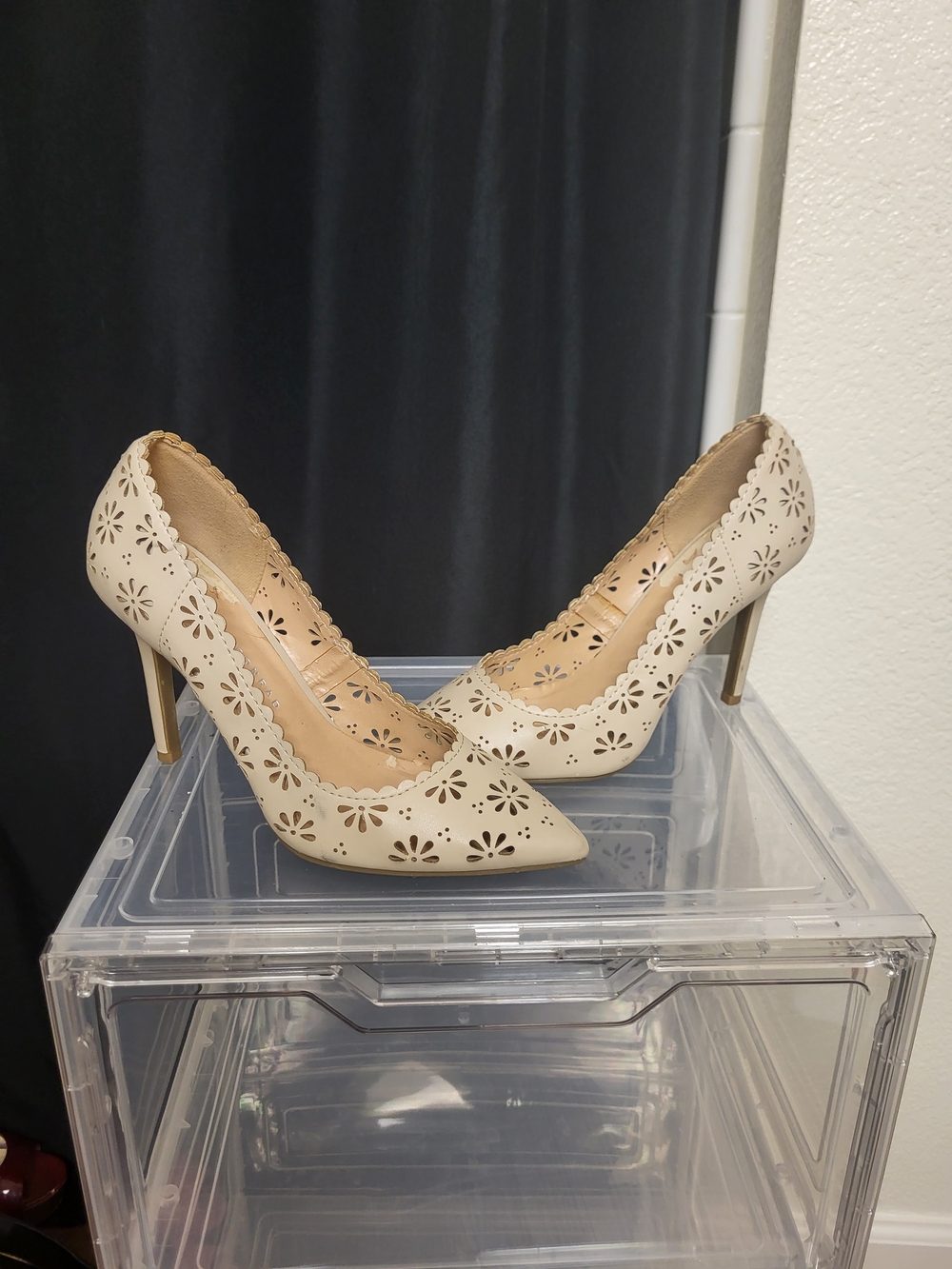 Elegant Cream Laser-Cut Pointed-Toe Pumps
